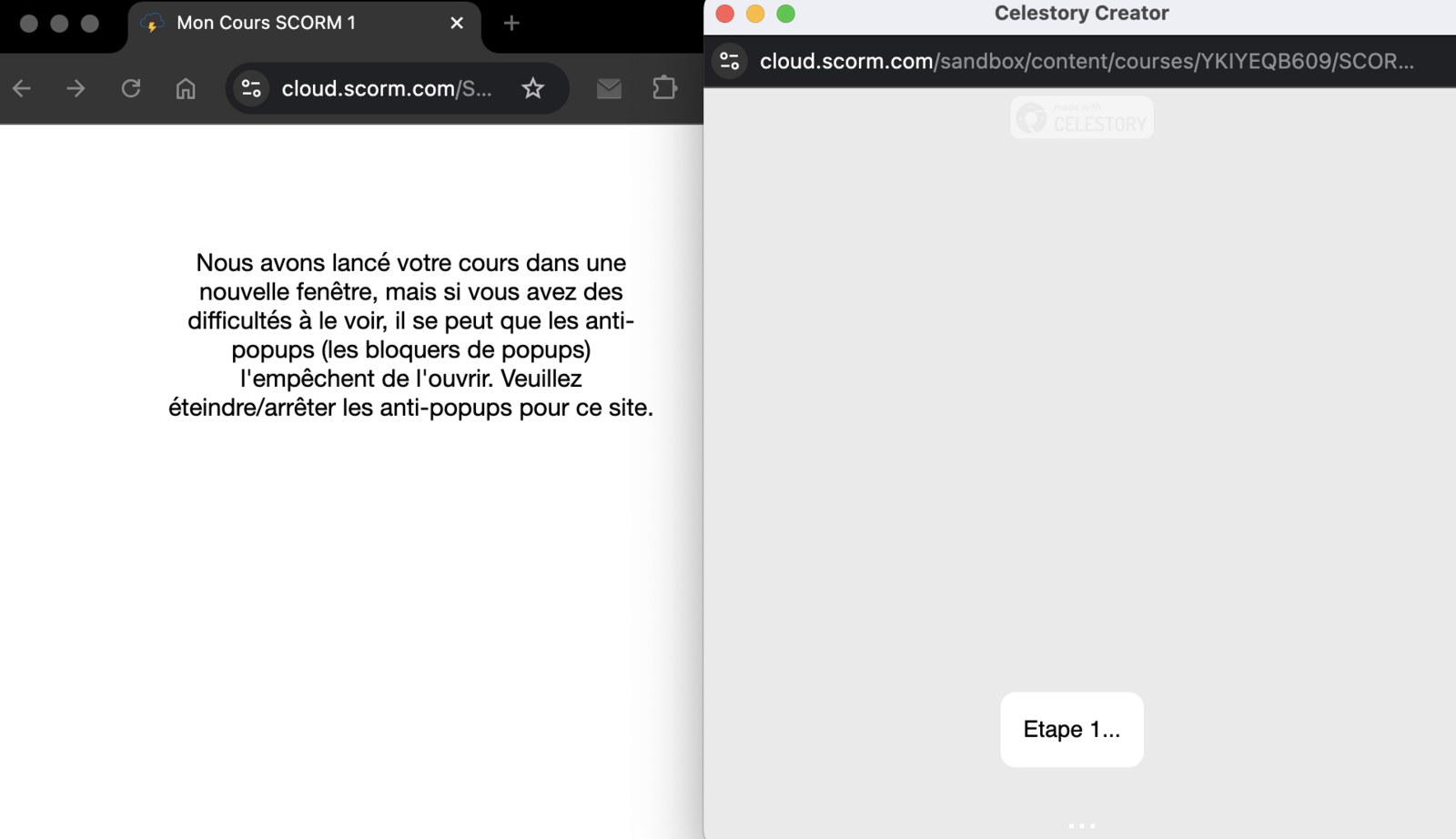 En lançant le test Scorm, un nouvel onglet apparait. Finissez y le module pour qu'il se referme.