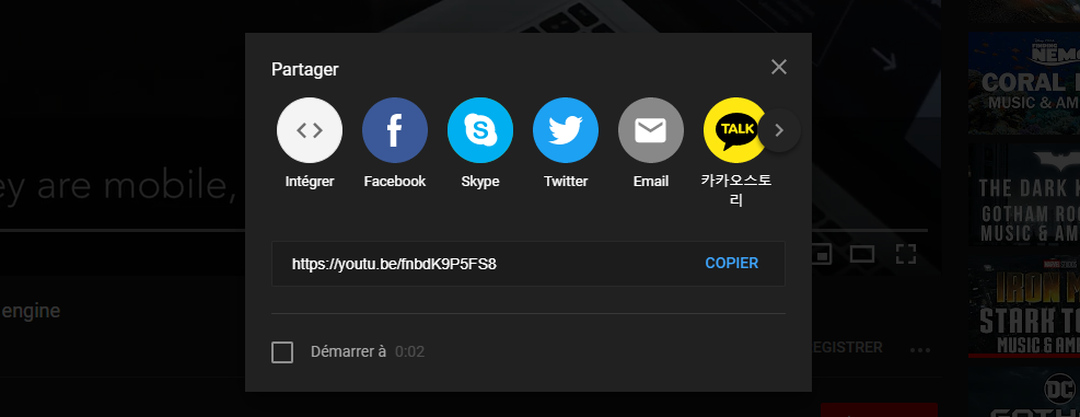 Youtube menu de partage