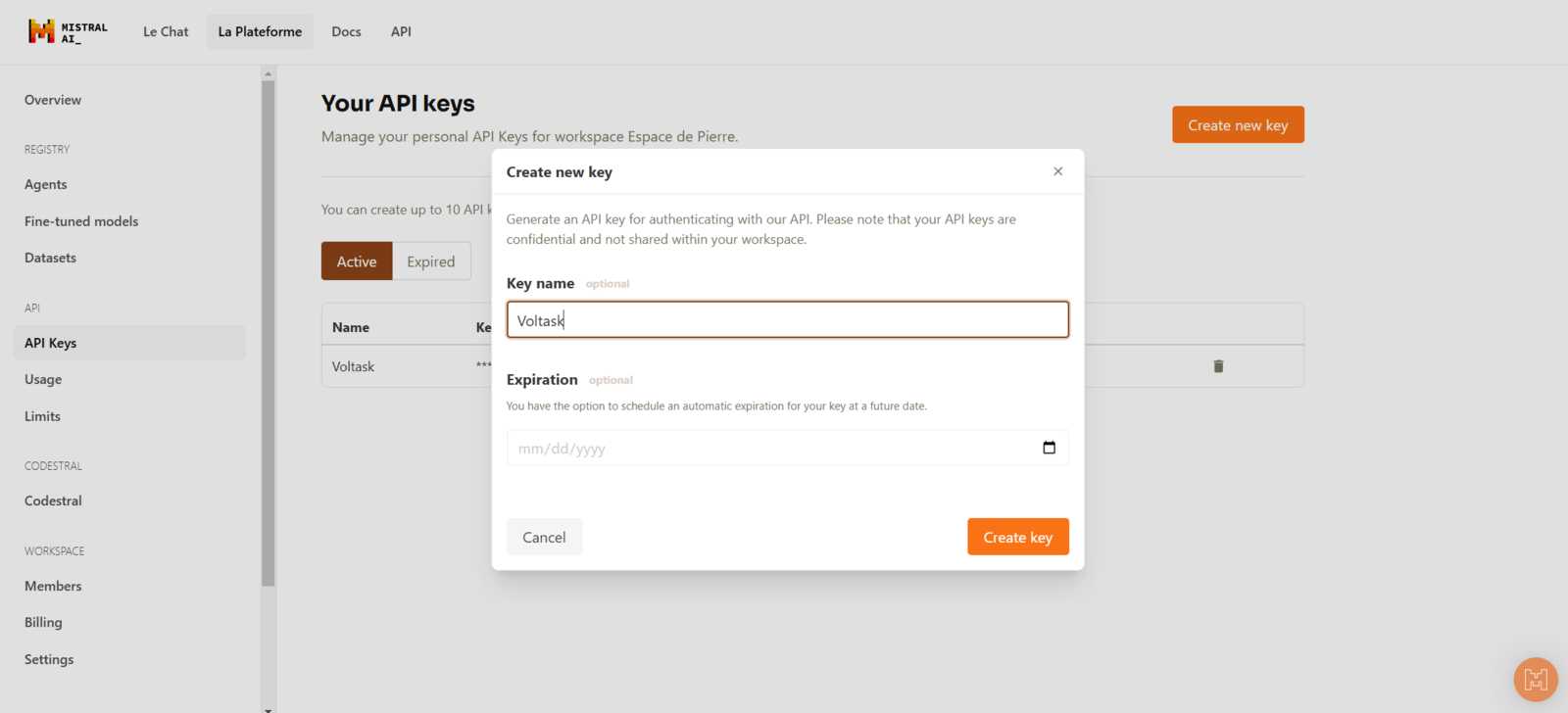 Voltask create new key